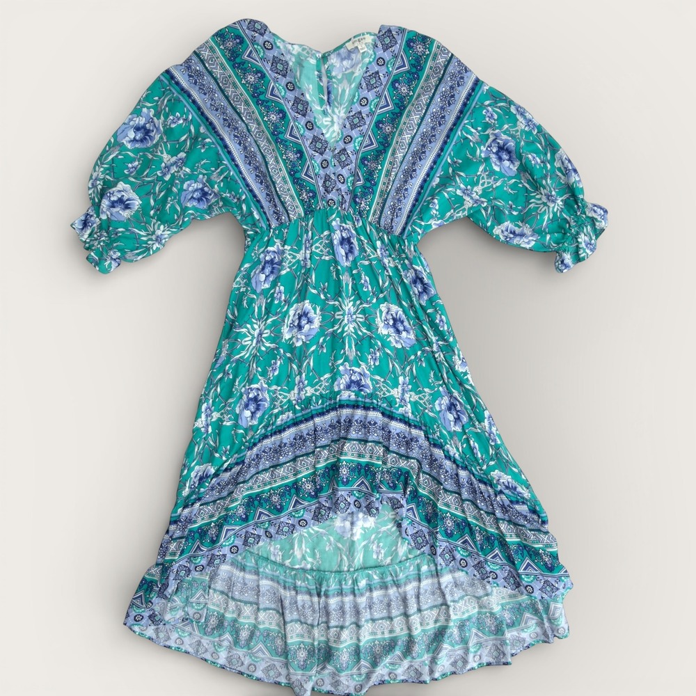 Umgee USA‎ Teal Floral Paisley High Low Boho Dress V-Neck Small A6230